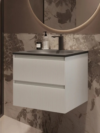 Тумба с раковиной Vincea Welle 60 m.white soft-touch, раковина VCB-4H600G серый шелк, подвесная, матовая
