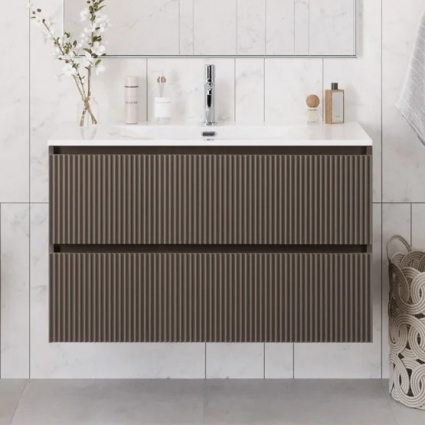 Тумба с раковиной BelBagno Uno 100 подвесная, 2 ящика, матовая бежевая, с доводчиками