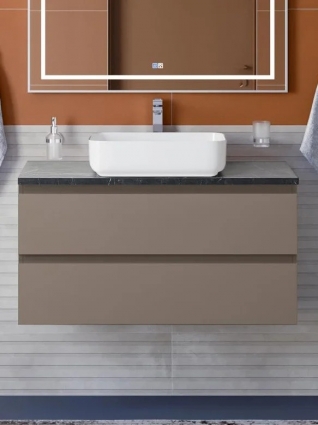 Тумба под раковину со столешницей BelBagno Kraft 100 подвесная, матовая бежевая, столешница kep-100-mno, с ящиками
