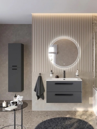 Мебель для ванной комнаты Cezares Eco-Cer-N 80 темно-серая матовая, раковина CZR-8073-80, ручки матовые черные, подвесная, с ящиками