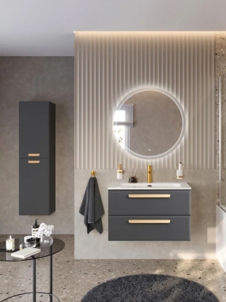 Мебель для ванной комнаты Cezares Eco-Cer-N 80 темно-серая  матовая, раковина CZR-8073-80, ручки сатиновое золото, подвесная, с ящиками