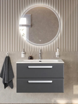 Тумба с раковиной Cezares Eco-Cer-N 80 темно-серая матовая, раковина CZR-8073-80, ручки сатин, подвесная, с ящиками