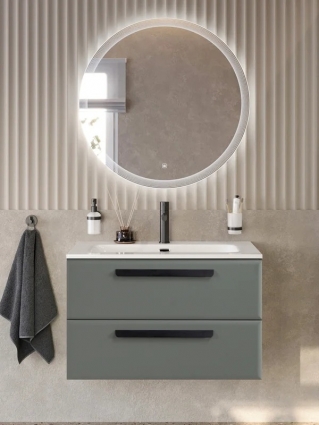 Тумба с раковиной Cezares Eco-Cer-N 80 серо-зеленая матовая, раковина CZR-8073-80, ручки матовые черные, подвесная, с ящиками