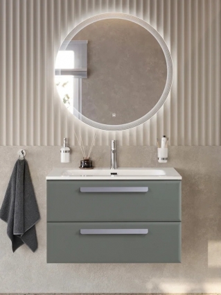 Тумба с раковиной Cezares Eco-Cer-N 80 серо-зеленая матовая, раковина CZR-8073-80, ручки серые, подвесная, с ящиками