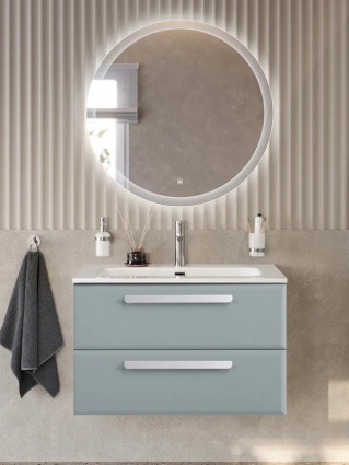 Тумба с раковиной Cezares Eco-Cer-N 80 серо-голубая матовая, раковина CZR-8073-80, ручки сатин, подвесная, с ящиками