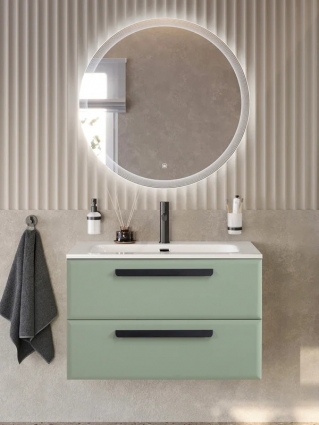 Тумба с раковиной Cezares Eco-Cer-N 80 светло-зеленая матовая, раковина CZR-8073-80, ручки матовые черные, подвесная, с ящиками