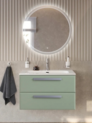 Тумба с раковиной Cezares Eco-Cer-N 80 светло-зеленая матовая, раковина CZR-8073-80, ручки серые, подвесная, с ящиками