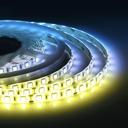 Светодиодная лента Apeyron 14,4W/m 60LED/m 5050SMD теплый/холодный белый 5M 222ОО, мощность 72 Вт