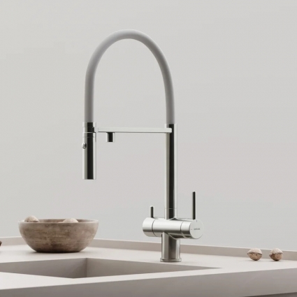 Смеситель для кухни Sancos SC4010BNwh с краном для питьевой воды, брашированный никель, матовый белый, однорычажный, длина излива 22.5 см