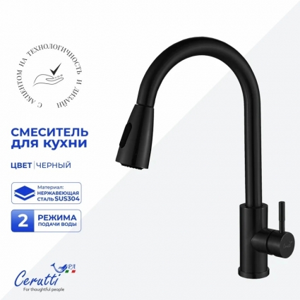 Смеситель для кухни Cerutti Spa Эннио (Ennio) 12107 матовый черный однорычажный, длина излива 21.2 см