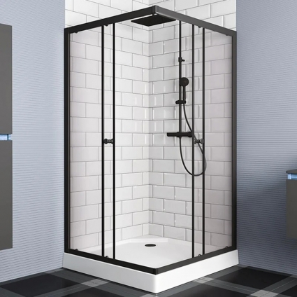 Душевой уголок Bauedge Stil Hit Black 100x100, с поддоном, профиль черный, квадратный, двери раздвижные
