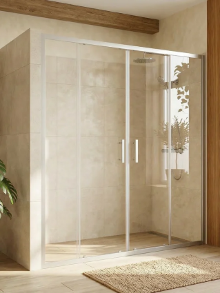 Душевая дверь двустворчатая раздвижная MaybahGlass 1950*2200 Стекло 6 мм Бесцветное стекло прозрачное, профиль хром