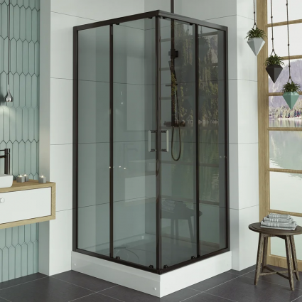 Душевой уголок Alex Baitler AB1490B2 90х90 см, профиль черный, стекло тонированное, квадратный, двери раздвижные