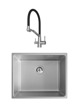 Комплект Мойка Domaci Равенна DMC-RV50202S, 50x50 см, с дозатором и сифоном, сталь + Смеситель Ливорно D5693S, сталь, матовая, квадратная