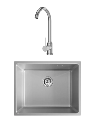 Комплект Мойка Domaci Равенна DMC-RV50202S, 50x50 см, с дозатором и сифоном, сталь + Смеситель Ливорно DMC02000S, сталь, матовая, квадратная