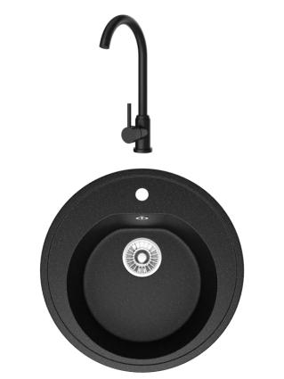 Комплект Мойка Domaci Болонья М-03-002, черная + Смеситель Ливорно DMC02000BK, матовый черный, матовая, круглая