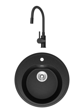 Комплект Мойка Domaci Болонья М-03-002, черная + Смеситель Равенна DMC01150BK, с гибким изливом, матовый черный, матовая, круглая