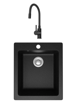 Комплект Мойка Domaci Болонья М-08-002, черная + Смеситель Равенна DMC01150BK, с гибким изливом, матовый черный, матовая, прямоугольная