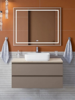 Мебель для ванной комнаты BelBagno Kraft 100 подвесная, матовая бежевая, столешница kep-100-mco, раковина BB1304, с ящиками