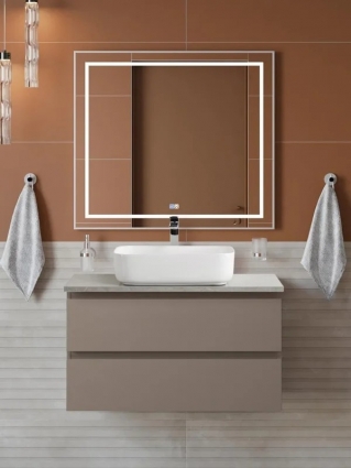 Мебель для ванной комнаты BelBagno Kraft 90 подвесная, матовая бежевая, столешница kep-90-mgl, раковина BB1304, с ящиками