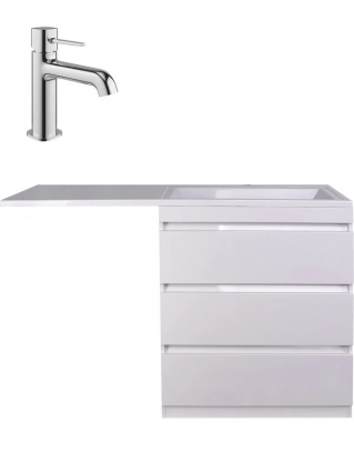 Тумба с раковиной Style Line Даллас 140 R люкс, белая, со смесителем Эстерсунд S31010CR хром, напольная, глянцевая