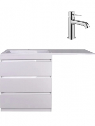Тумба с раковиной Style Line Даллас 140 L люкс, белая, со смесителем Эстерсунд S31010CR хром, напольная, глянцевая