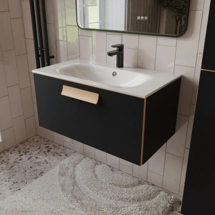 Тумба с раковиной подвесная Terminus Noto 80 см, 1 ящик, черный soft touch, с доводчиками