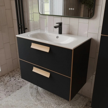 Тумба с раковиной подвесная Terminus Noto 80 см, 2 ящика, черный soft touch, с доводчиками