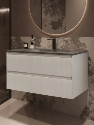 Тумба с раковиной Vincea Welle 100 m.white soft-touch, раковина VCB-4H100G серый шелк, подвесная, матовая