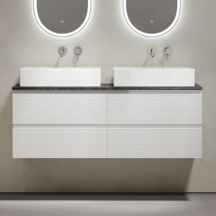 Тумба с раковиной Sancos Фолк (Folk) 140 белая (bianco), столешница черный мрамор TT140A1, раковина CN6070, подвесная, с ящиками