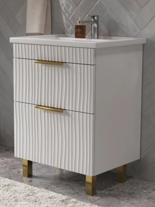 Тумба под раковину без столешницы Volna Lotty gold 60 с ящиками, белый софт, напольная, матовая