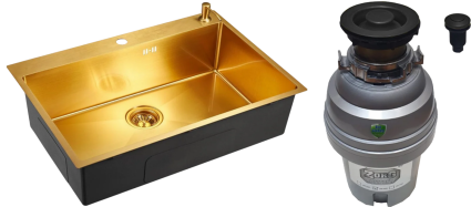 Комплект Мойка Emar PVD A EMB-125A PVD Nano Golden 74x50, золотой (golden), нержавеющая сталь + Измельчитель Zorg ZR-75 D GRAFIT электрический, нержавеющая сталь, полированная, прямоугольная