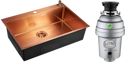 Комплект Мойка Emar PVD A EMB-125A PVD Nano Coppery 74x50, coppery, нержавеющая сталь + Измельчитель Zorg Inox D ZR-75 D электрический, нержавеющая сталь, полированная, прямоугольная