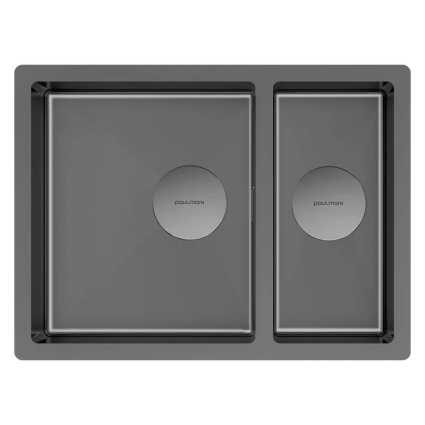Мойка кухонная Paulmark Next 58/2S UNI PM225844-GM 58x44, вороненая сталь, интегрированная, встраиваемая сверху, встраиваемая снизу, нержавеющая сталь, брашированная, прямоугольная