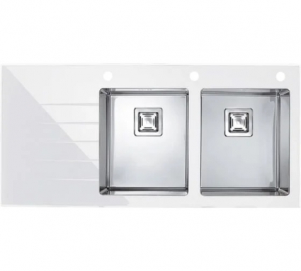 Мойка кухонная Alveus Crystalix 30 1099644 116x54, белая (white), встраиваемая сверху, нержавеющая сталь, закаленное стекло, R, белое стекло, прямоугольная, с крылом