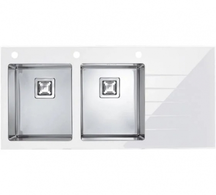 Мойка кухонная Alveus Crystalix 30 1099646 116x54, белая (white), встраиваемая сверху, нержавеющая сталь, закаленное стекло, L, белое стекло, прямоугольная, с крылом