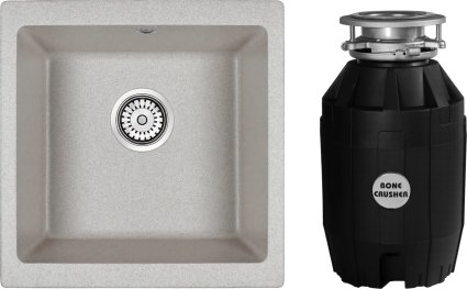 Комплект Мойка Paulmark Brilon PM104546-GR 45x46, серая, искусственный гранит + Измельчитель Bone Crusher BC 810-AS электрический, нержавеющая сталь, матовая, прямоугольная
