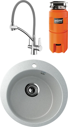 Комплект Мойка Ulgran U-405 U-405-310 + Смеситель Lemark Comfort LM3071C-Gray + Измельчитель Omoikiri Nagare slim 4995063 матовая, круглая