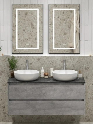 Мебель для ванной комнаты BelBagno Kraft 120 для двоих, с двумя чашами, 2 ящика, cemento grigio, подвесная, матовая