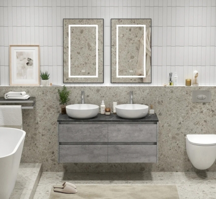 Мебель для ванной комнаты BelBagno Kraft 120 для двоих, с двумя чашами, 4 ящика, cemento grigio, подвесная, матовая