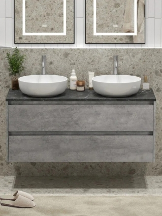 Тумба с раковиной BelBagno Kraft 120 со столешницей, для двоих, 2 ящика, cemento grigio, подвесная, матовая