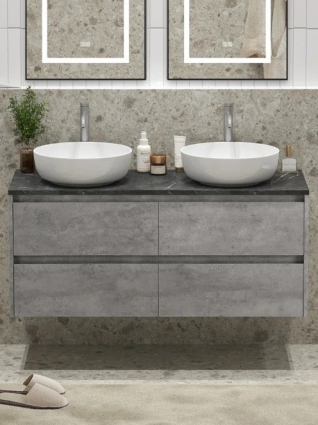Тумба с раковиной BelBagno Kraft 120 со столешницей, для двоих, 4 ящика, cemento grigio, подвесная, матовая