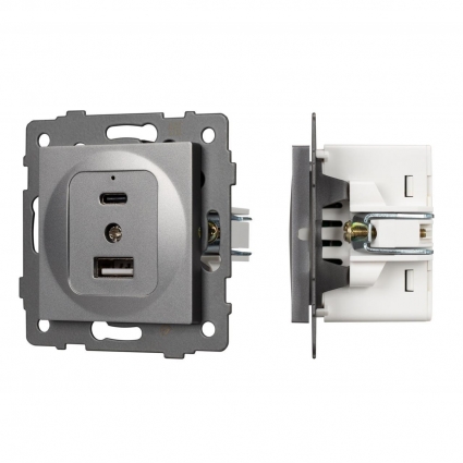 Механизм USB розетки SCT-MUAC-PL-GR-V (5V, 3A, QC4) Arlight 049840, цвет серый, мощность 20 Вт