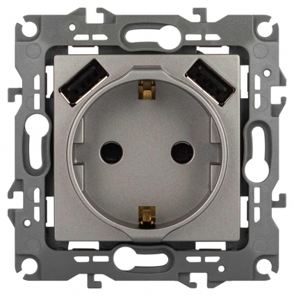 Розетка ЭРА Серия 12 12-4109-16 2P+E 16A-250В шторками с 2xUSB 5В-3А титан Б0065729, цвет серый