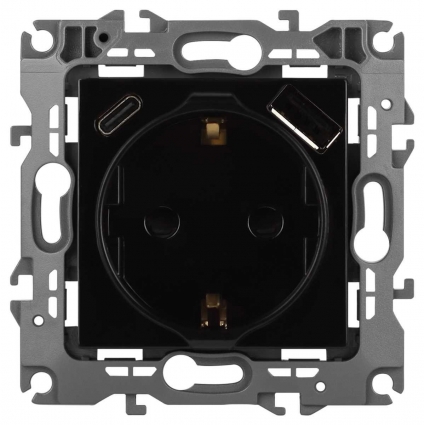 Розетка ЭРА Серия 12 12-4108-06 2P+E 16A-250В со шторками с USB type-A+C 5В-3А чёрный Б0067746, цвет черный