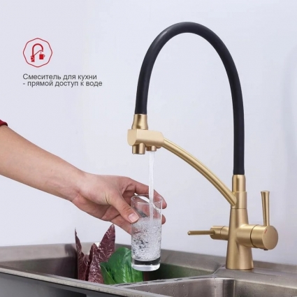 Смеситель для кухни с подключением фильтра Raglo R80.621.43, золото, однорычажный, длина излива 22 см