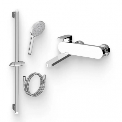 Душевой комплект Смеситель Ravak Chrome CR 022.00/150 глянцевый хром + Гарнитур 902.00 штанга 14.1 см,  в современном стиле
