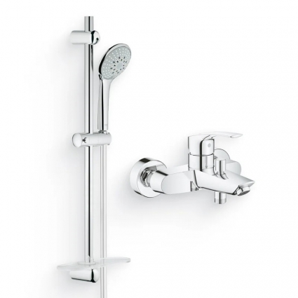 Душевой комплект Смеситель Grohe Eurosmart 33300003 глянцевый хром + Гарнитур Euphoria 110 Champagne 27232001 штанга 12.8 см,  в современном стиле