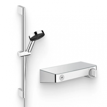 Душевой комплект Смеситель для душа Hansgrohe Ecostat Select 13171000 с термостатом, глянцевый хром + Гарнитур Pulsify Relaxation 105 3jet 24160000, хром, штанга 7.4 см