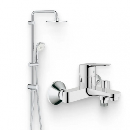 Душевой комплект Смеситель Grohe BauEdge 23334000 хром + Стойка New Tempesta Rustic 27399002 без смесителя, хром в современном стиле